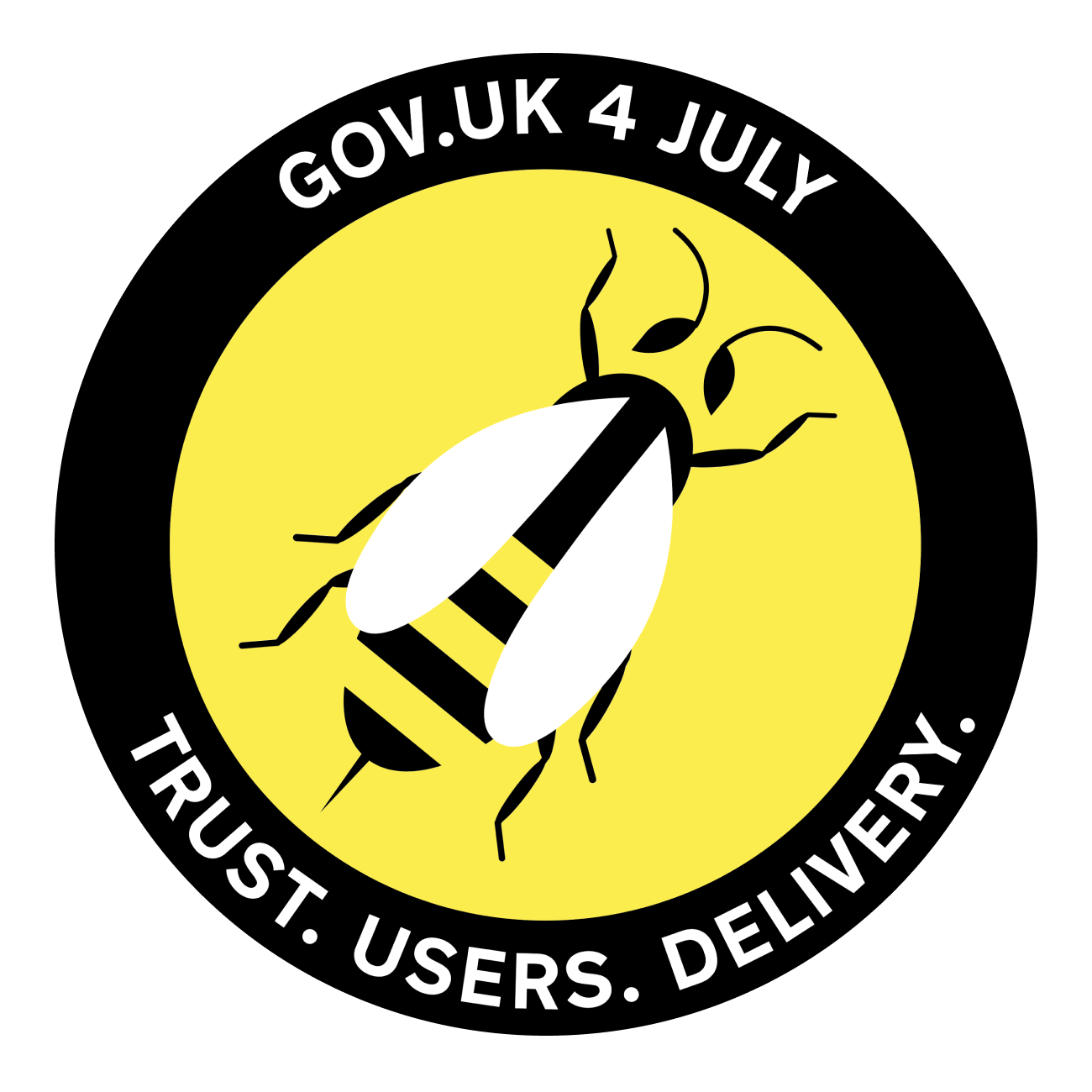 An illustrated mission patch for the GOV.UK Beta launch on 4th July 2012, showing a bee on a yellow background