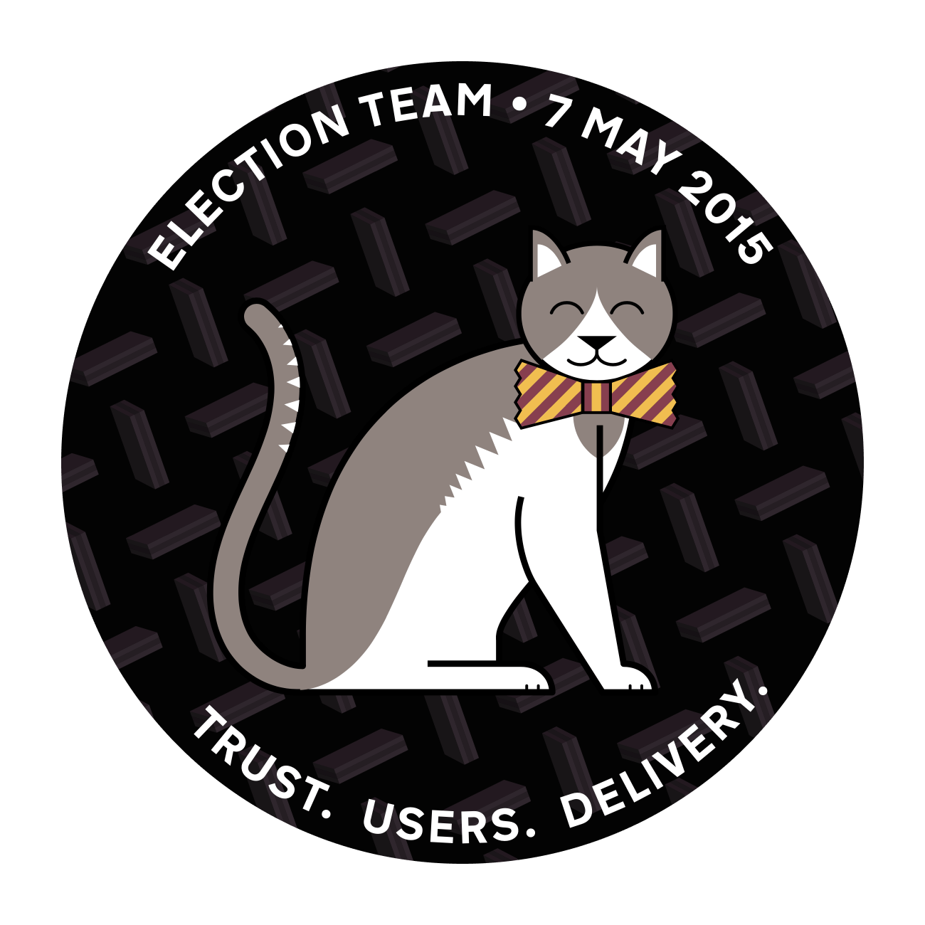 An illustrated mission patch for the Elections Team, showing Larry the cat from 10 Downing St. on a dark background