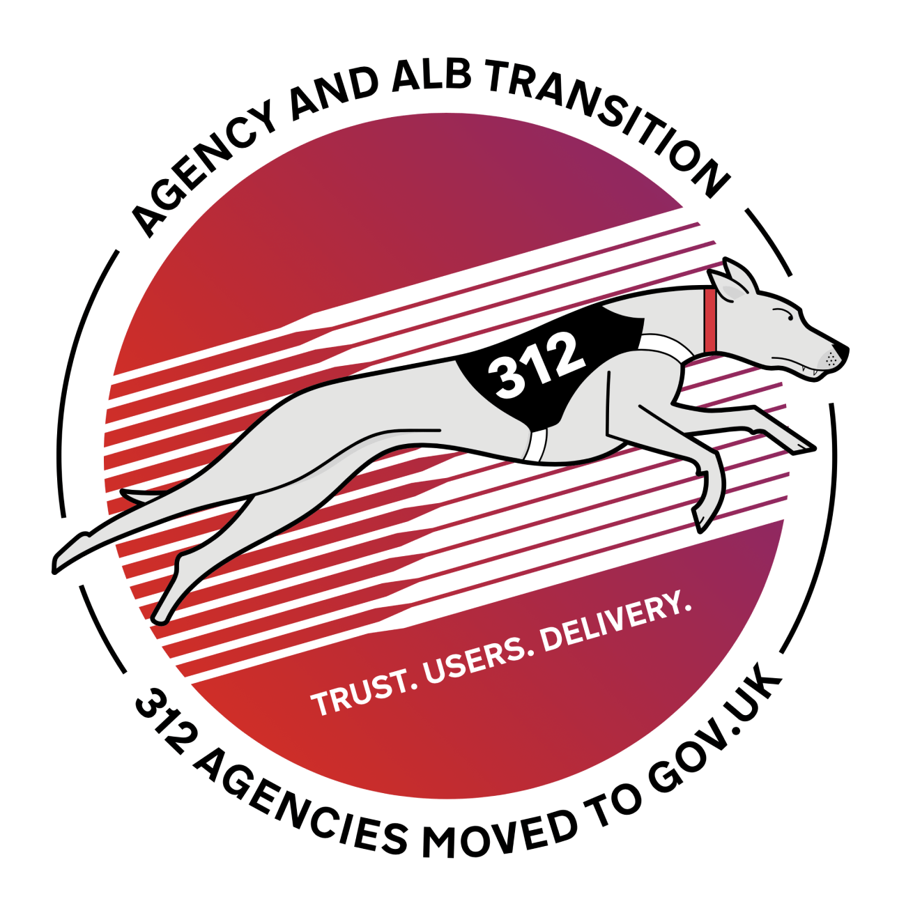 An illustrated mission patch for the Agency and Arms Length Bodies Transition team, showing a greyhound with the number 312 on its side.
