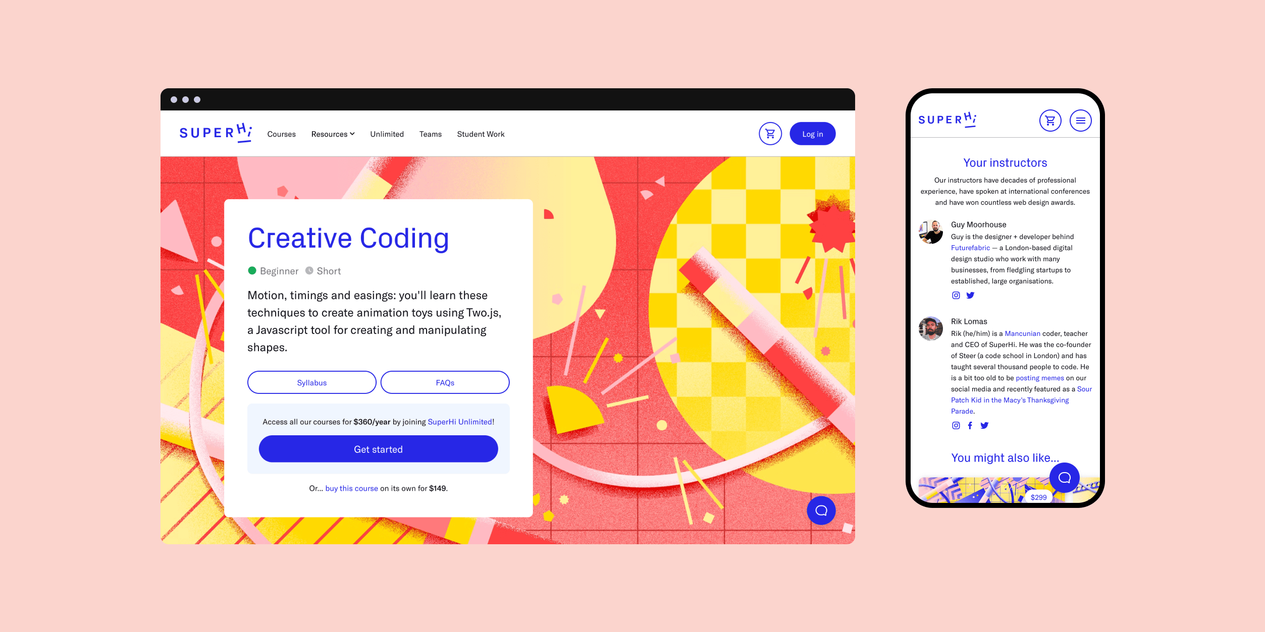 Two screenshots of the SuperHi webpage for the Creative Coding Course, one on a large screen and one on a mobile device.